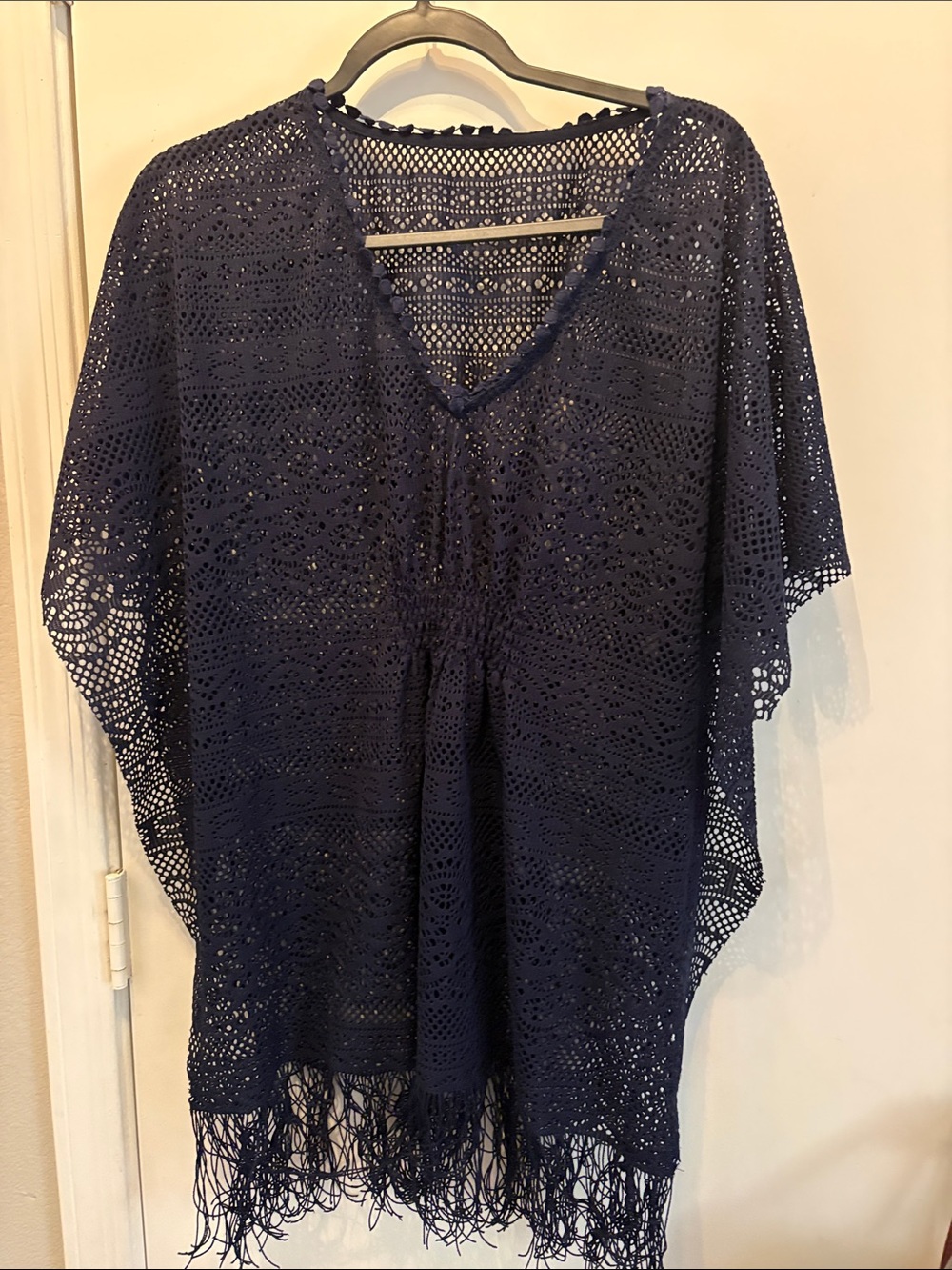 Navy Crochet Fringe Swim Cover-Up Tunic One Size